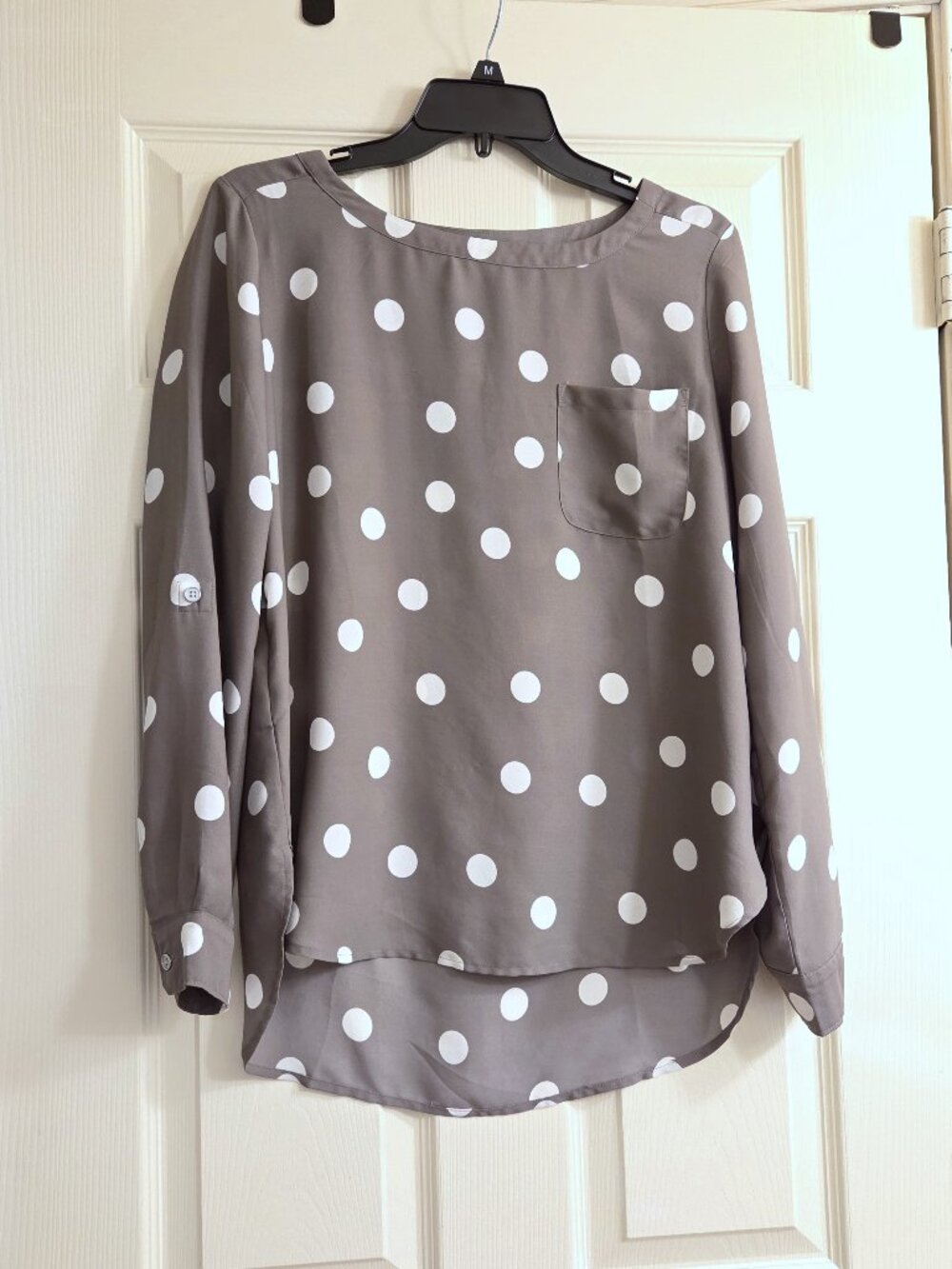 Loft Blouse sz S Women's Gray Taupe White Polka Dot Long Sleeve Blouse Top